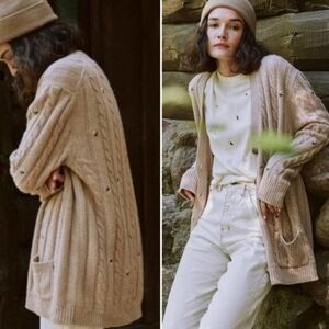 The Great  Embroidered Wool Cashmere Knit Cardigan Oatmeal Long Size 1 US Small